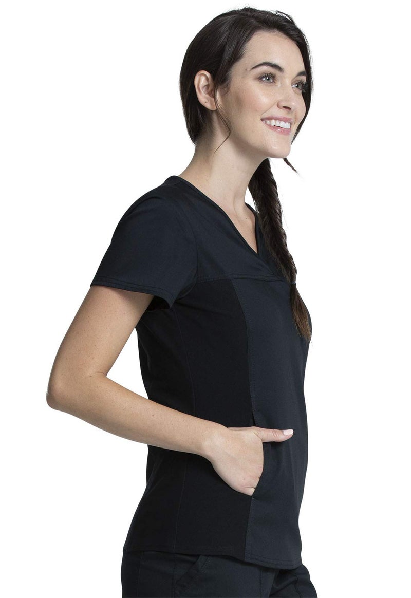 Cherokee V-Neck Knit Panel Scrub Top for Women Modern Classic Fit with Stretch Side Panels & Kangaroo Pocket - WW2875, M, Black - Image 5
